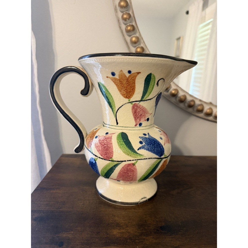 Vintage Revelation Made in Japan Art Deco Floral Pottery Pitcher 8.5"